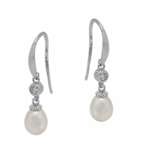 Sterling Silver Cubic Zirconia Hook Fresh Water Pearl Earrings