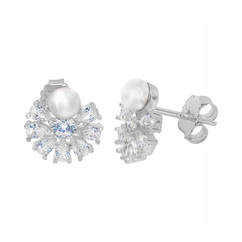 Sterling Silver Cubic Zirconia Freshwater Pearl Flower Stud Earrings
