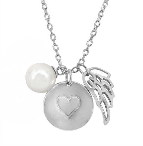 Sterling Silver 16" Multi Charm with  Synthetic Pearl Necklace