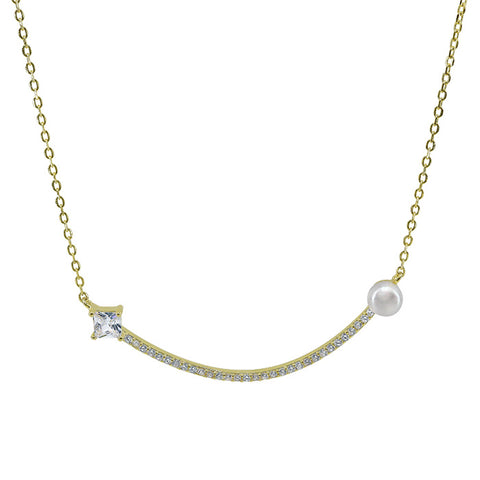 Sterling Silver with Gold Cubic Zirconia 16" Freshwater Pearl Necklace